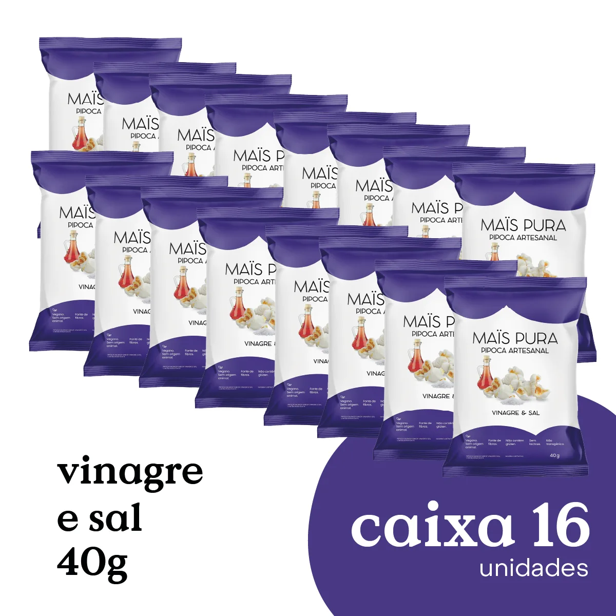 Pipoca Artesanal Mais Pura Vinagre e Sal 40g (16 unidades)
