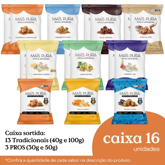Caixa sortida pipocas grandes: 13 Tradicionais (40g e 100g) 3 PROS (30g e 50g)