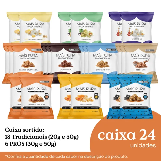 Caixa sortida pipocas pequenas: 18 Tradicionais (20g e 50g) e 6 PROS (30g e 50g)